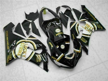 2005-2006 Kawasaki ZX6R Motorcycle Fairings - Glossy Black White Gold Lucky Strike Canada Websites