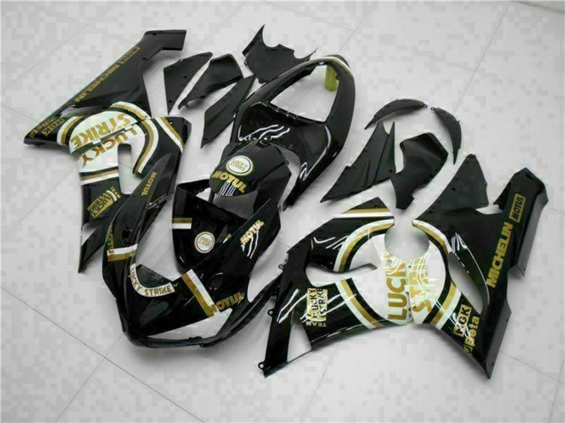 2005-2006 Kawasaki ZX6R Motorcycle Fairings - Glossy Black White Gold Lucky Strike Canada Websites