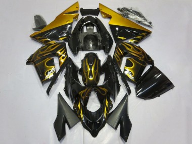 2004-2005 Kawasaki ZX10R Motorcycle Fairings - Glossy Black Gold Flame Canada Websites