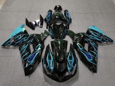 2006-2011 Kawasaki ZX14R Motorcycle Fairings - Glossy Black Light Blue Flame Canada Websites
