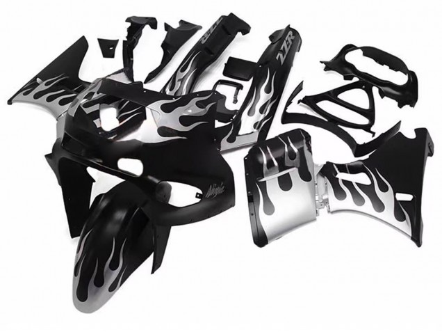 1998-2003 Kawasaki ZZR600 Motorcycle Fairings - Glossy Black Silver Flame Canada Websites