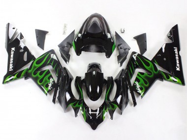 2004-2005 Kawasaki ZX10R Motorcycle Fairings - Black with Green Flame Ninja Canada Websites