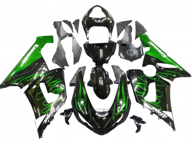2005-2006 Kawasaki ZX6R Motorcycle Fairing - Glossy Black Green Flame Canada Websites