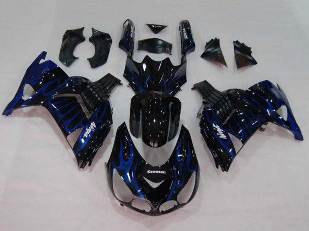 2006-2011 Kawasaki ZX14R ZZR1400 Motorcycle Fairings - Glossy Black Blue Flame Canada Websites
