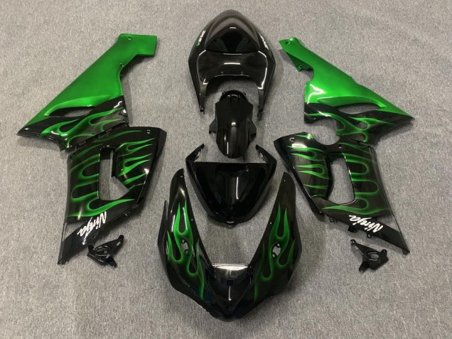 2005-2006 Kawasaki ZX6R Motorcycle Fairings - Glossy Black Green Flame Canada Websites