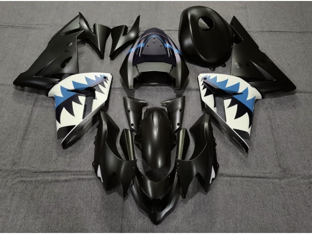 2004-2005 Matte Black and Light Blue Shark ZX10R Fairings 2004-2005 Matte Black and Light Blue Shark ZX10R Fairings